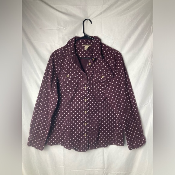 Duluth Trading Co Womens xlarge Long Sleeve Button Up Red Burgundy Polka Dot - Picture 1 of 6